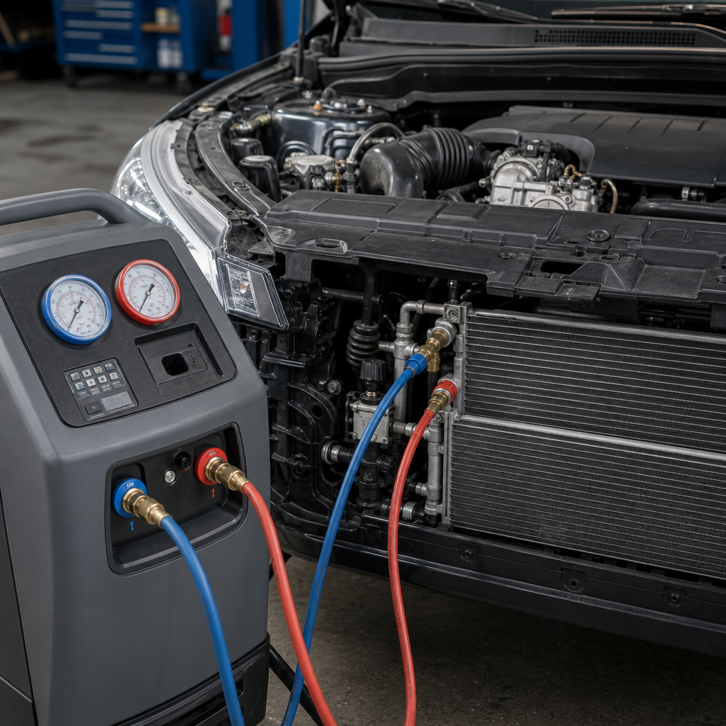 AC recharge machine connected to a vehicle during AC repair in Merriam, KS