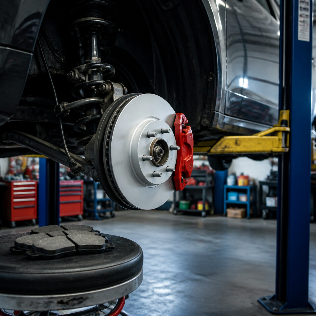Brake rotor and caliper exposed during brake service in Merriam, KS