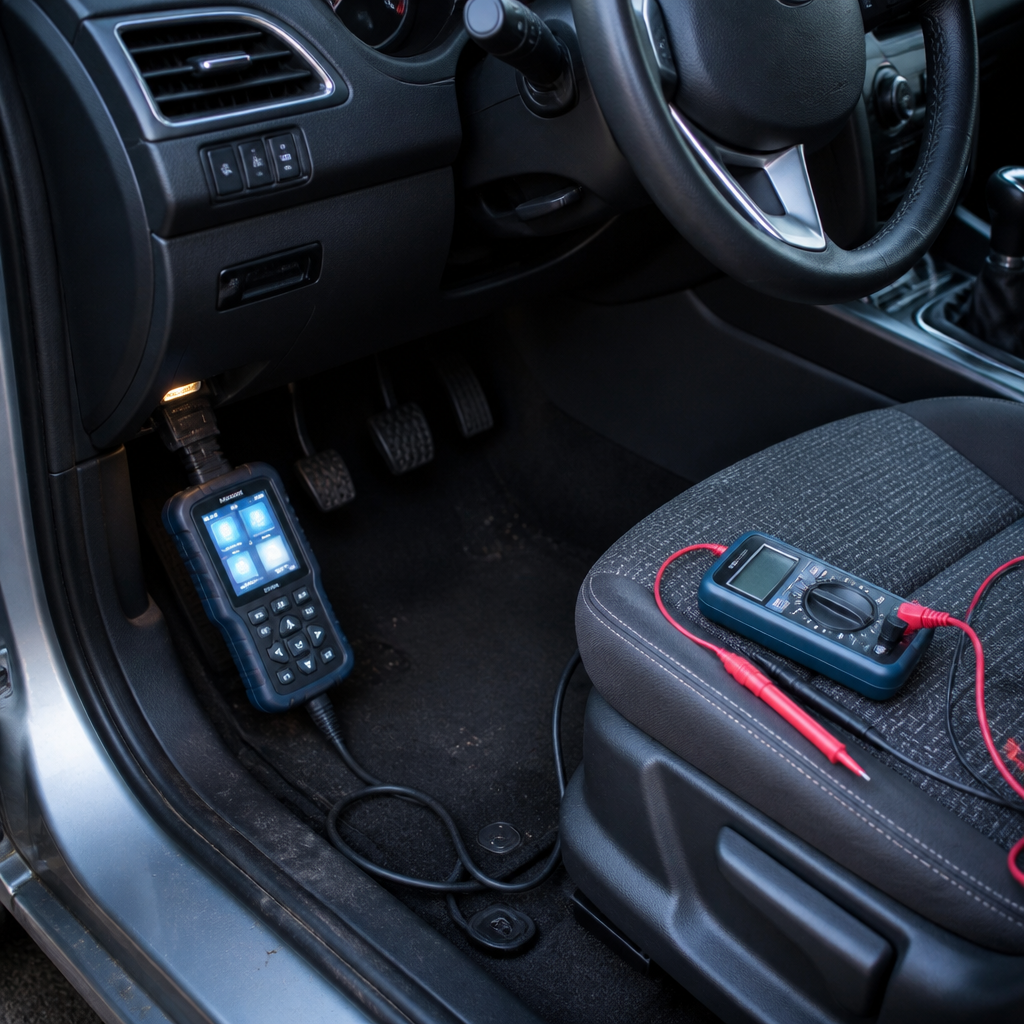 Diagnostic scan tool plugged into a vehicle during electrical service in Merriam, KS