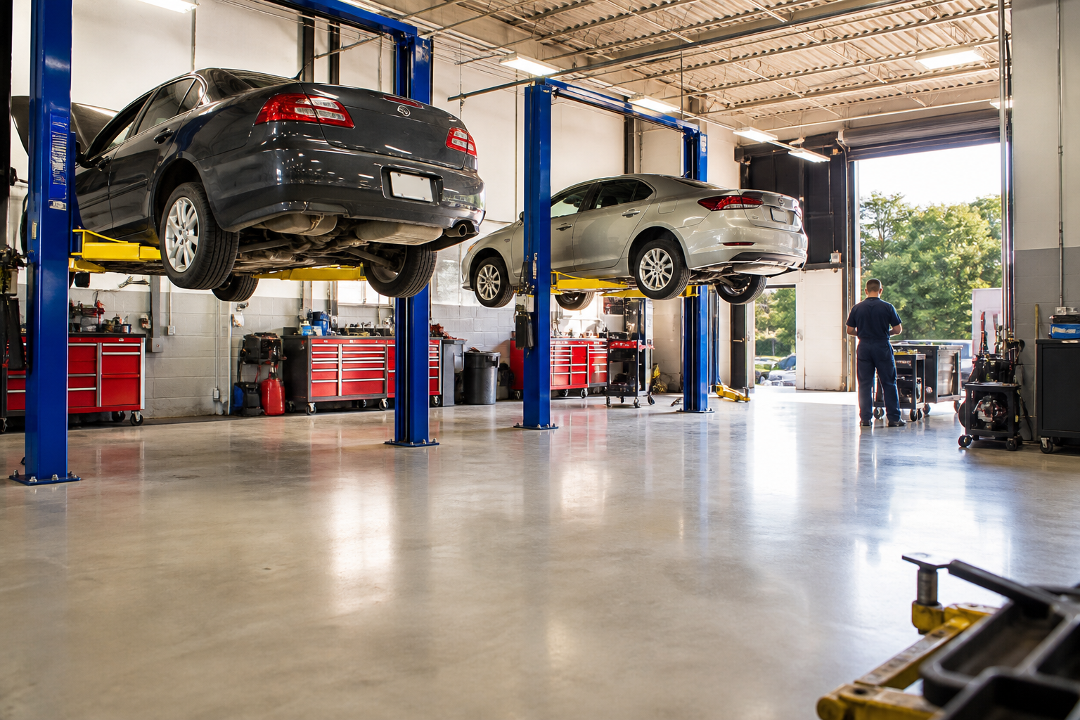 Vehicles on lifts inside the Jo Co Auto Repair service bay in Merriam, KS