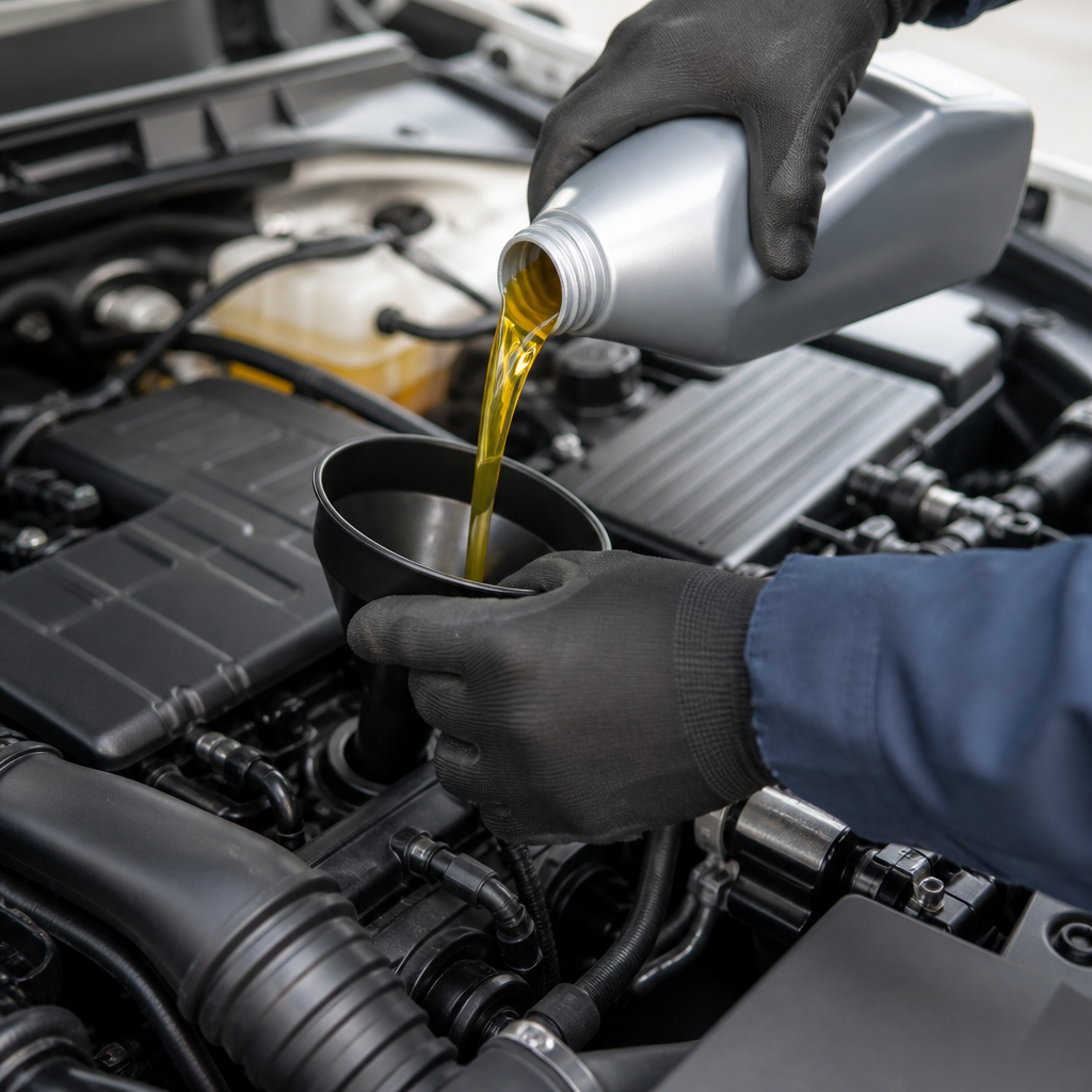Technician pouring fresh motor oil during an oil change service in Merriam, KS