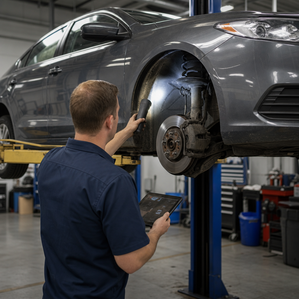 Technician inspecting a used vehicle on a lift during a pre-purchase inspection