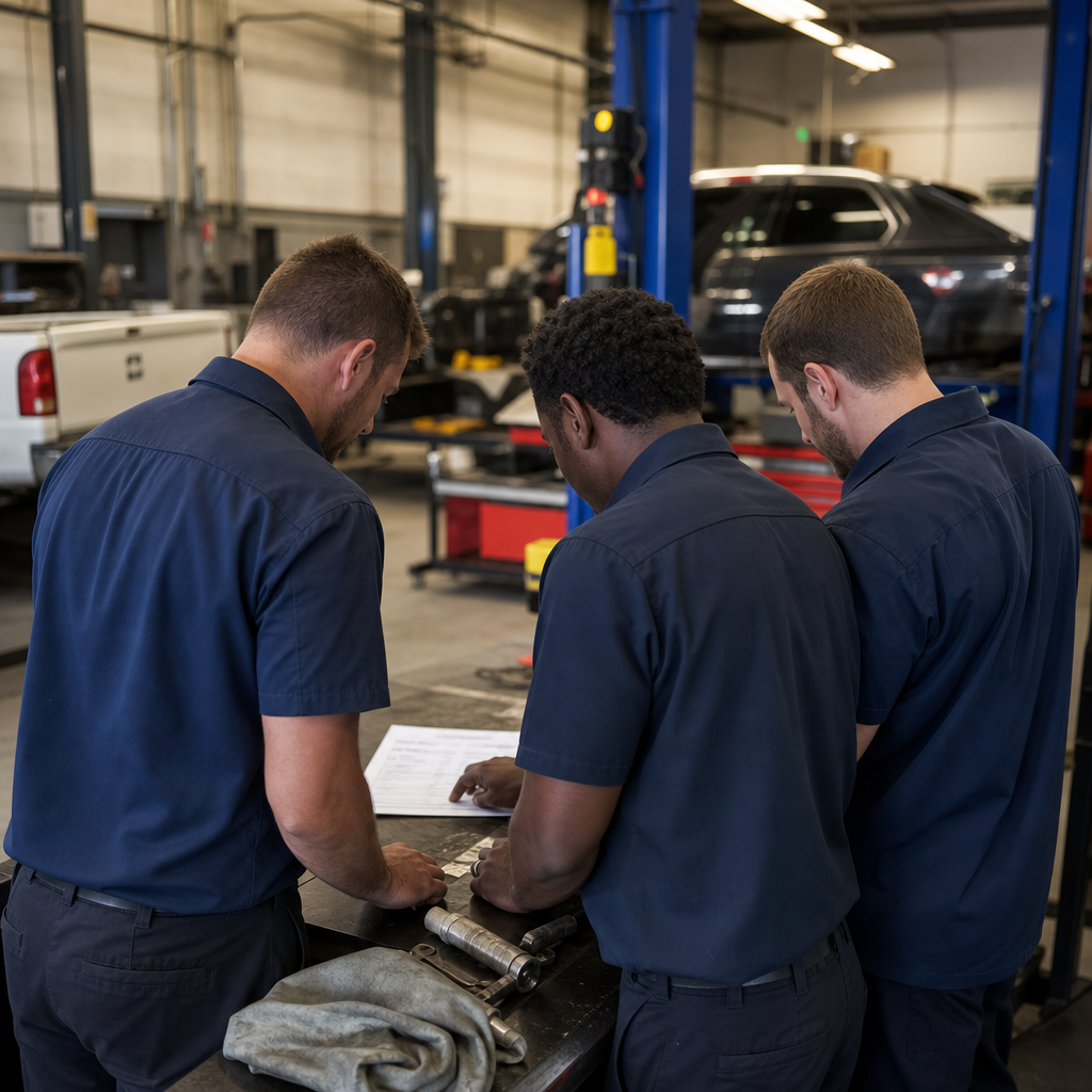 Jo Co Auto Repair technicians reviewing a repair order in the service bay