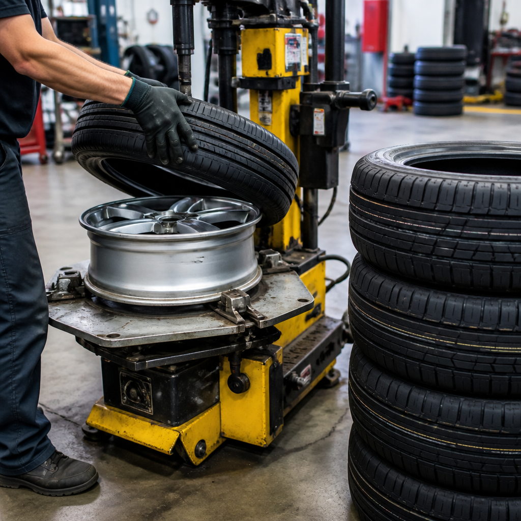 New tire being mounted during a tire replacement in Merriam, KS