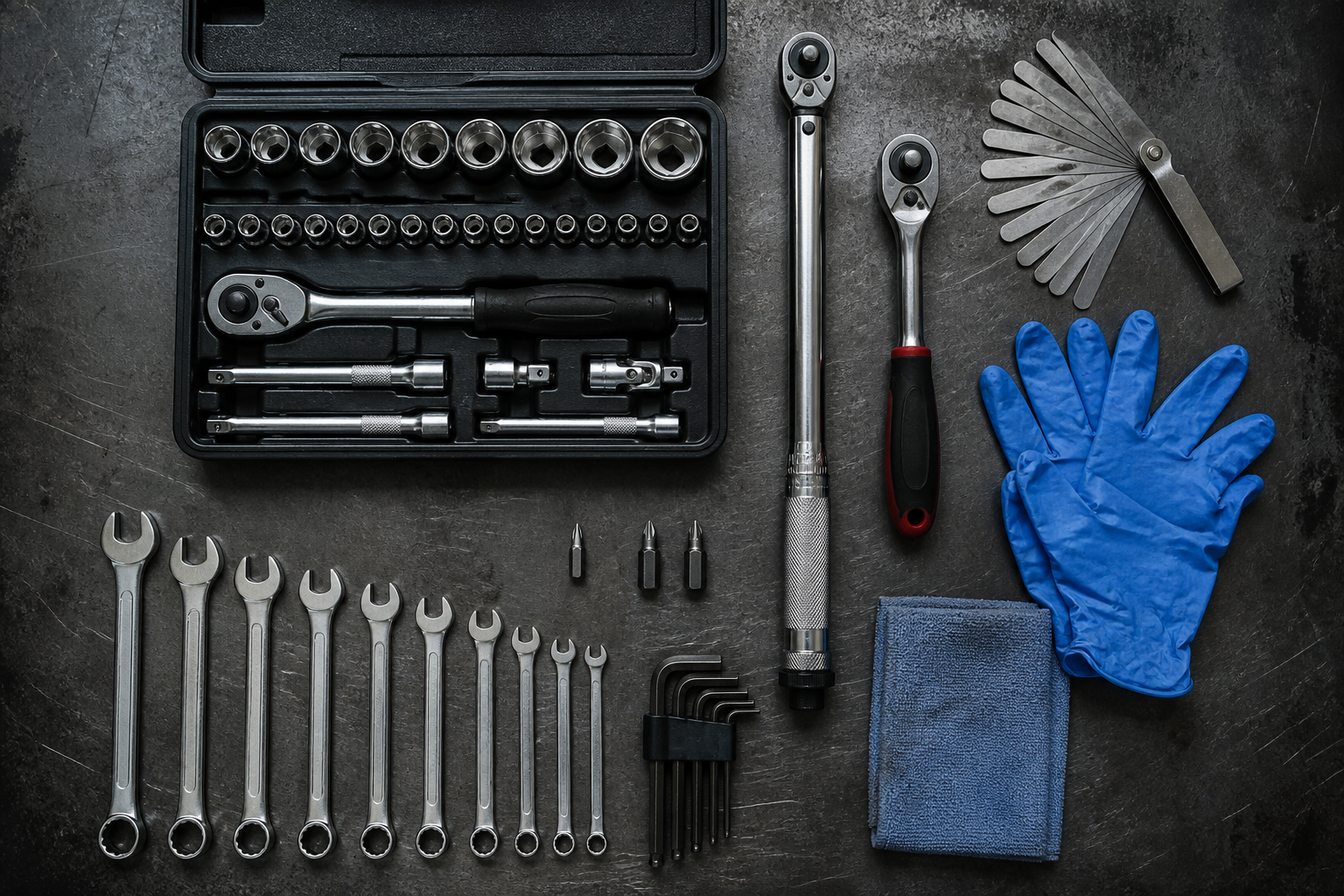 Automotive hand tools organized on a workbench at Jo Co Auto Repair