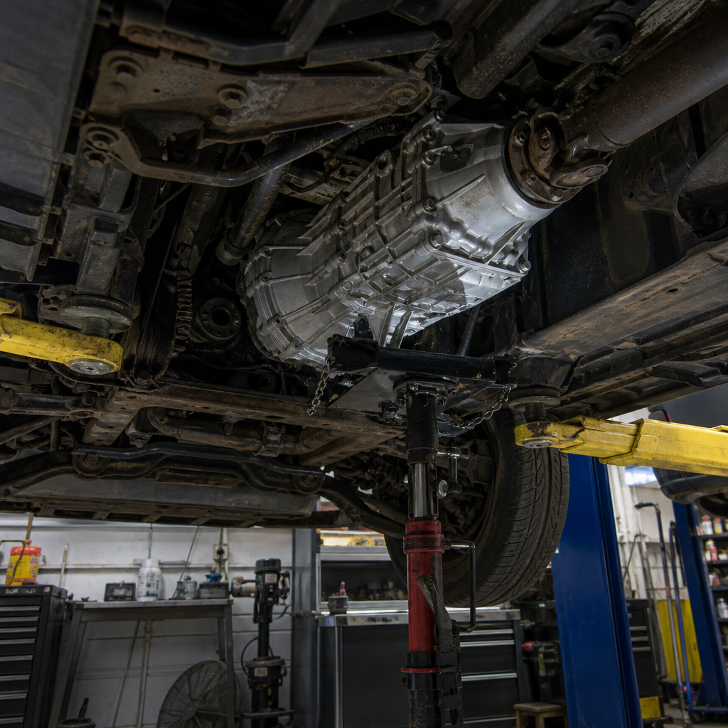 Vehicle transmission viewed from below during transmission service in Merriam, KS