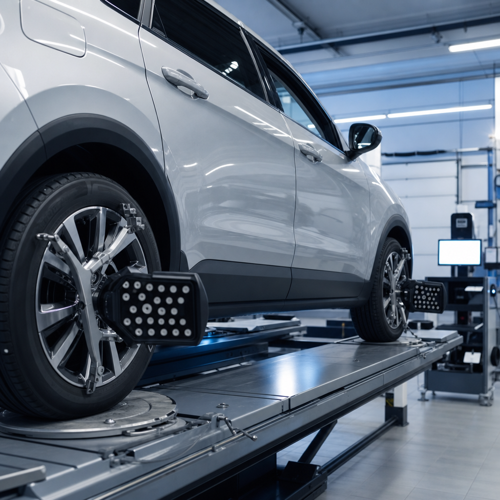 Vehicle on a wheel alignment rack with sensors attached in Merriam, KS